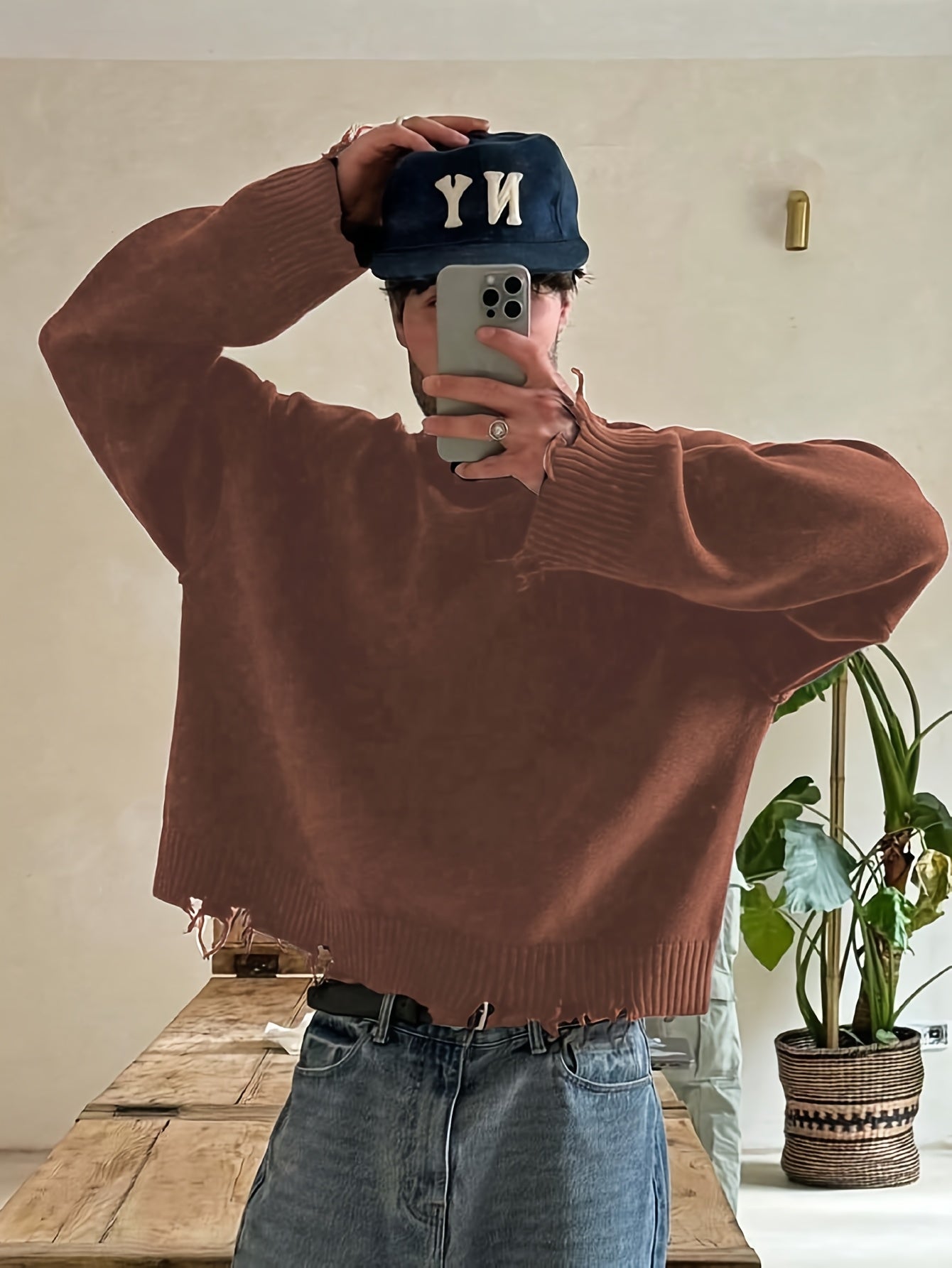 Unisex Oversized Knit Sweater – Drop Shoulder, Frayed Hem, Autumn/Winter Streetwear