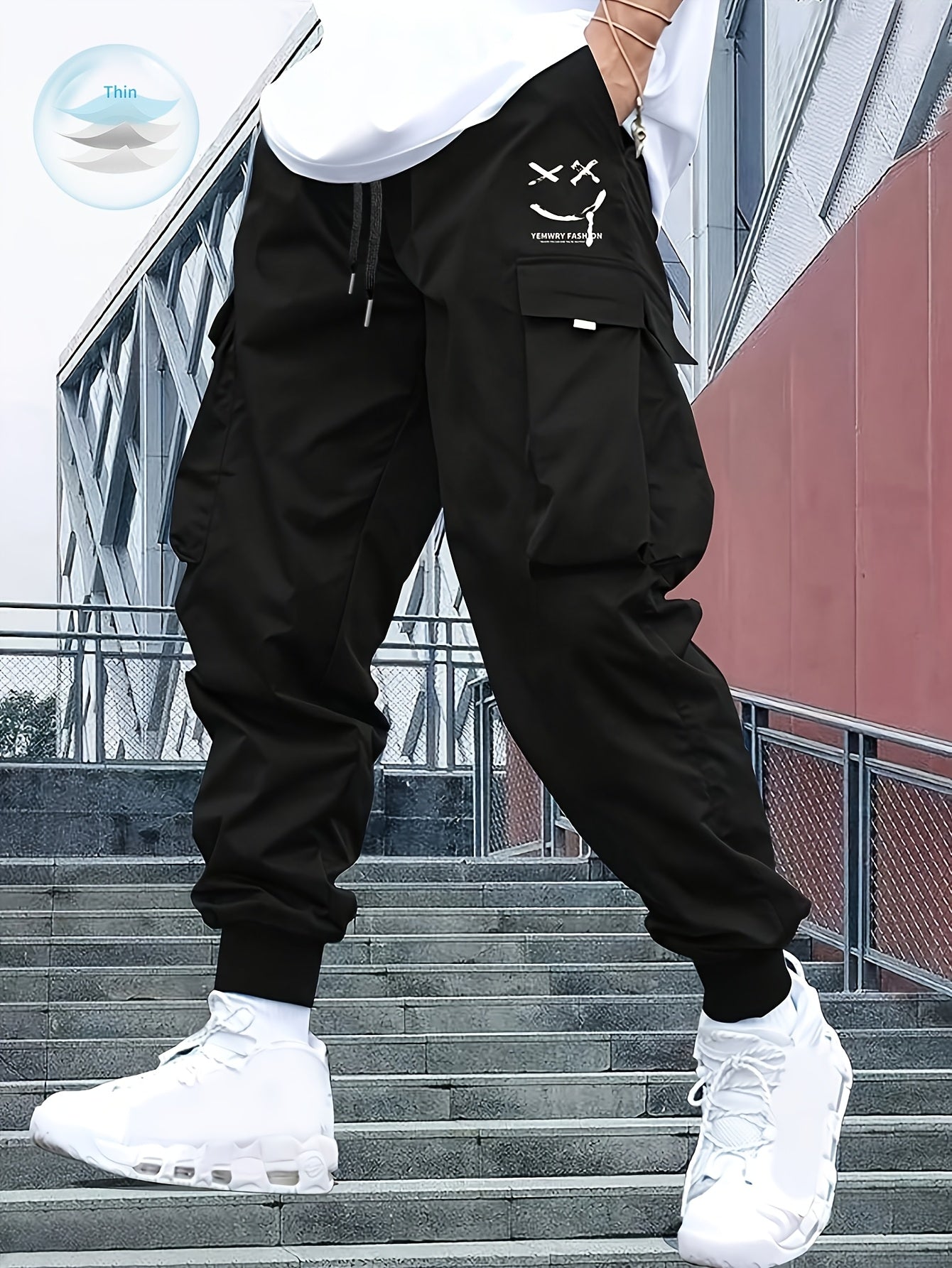 Men’s Street Style Oversized Footed Cargo Pants – Drawstring Waist, Spring/Fall Comfort