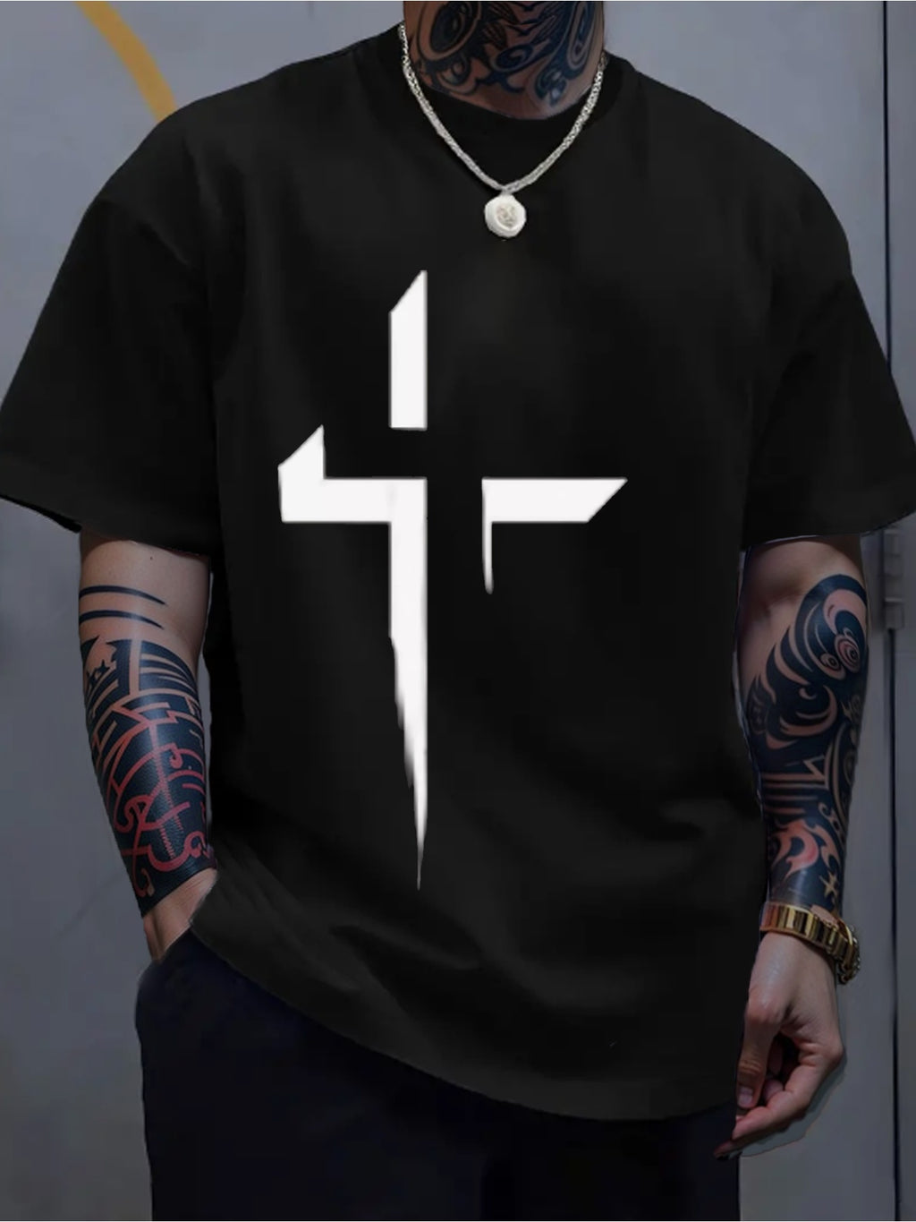 Men’s Black Heavyweight T-Shirt with White Cross Print – All-Season Cotton
