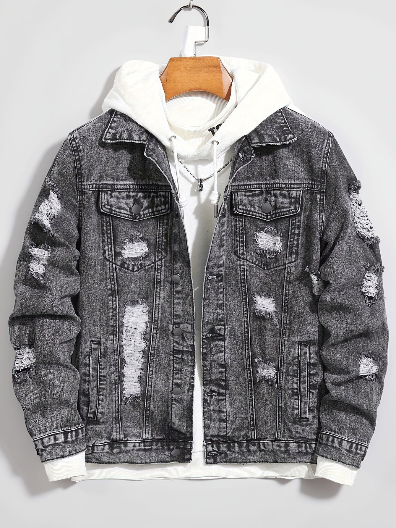 Men’s Distressed Slim-Fit Denim Jacket – Frayed Streetwear Workwear