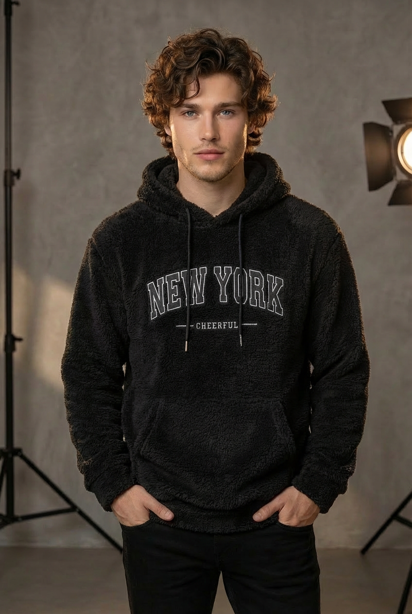 Men’s Cozy Fleece Hoodie – Loose Fit Drop-Shoulder “New York” Embroidered Pullover