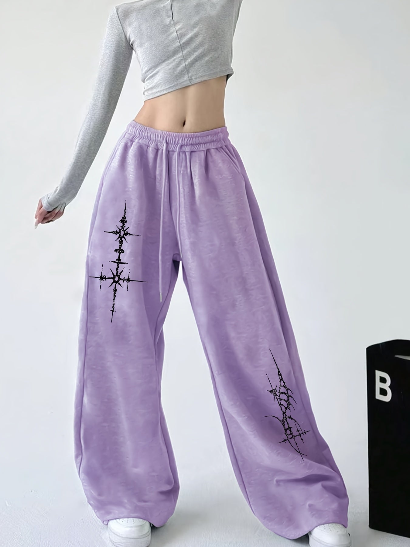 Women’s Cross-Print Joggers – Light Gray Polyester Straight-Leg Pants (Spring/Fall)