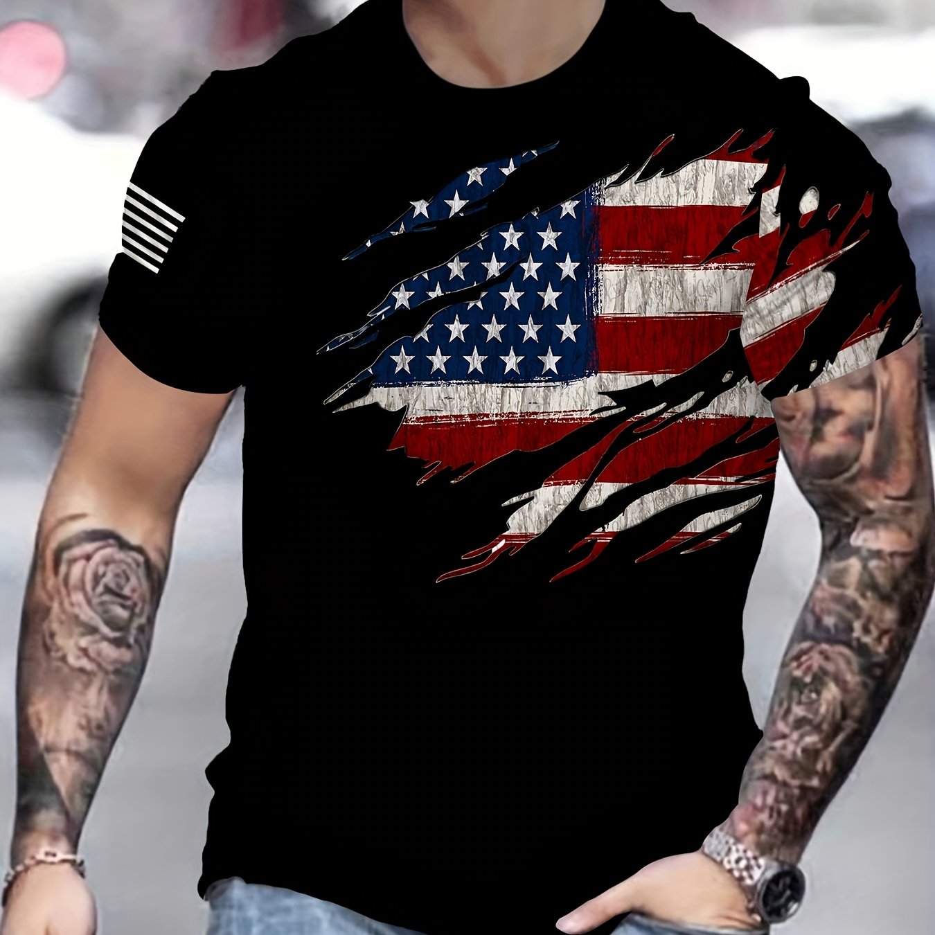 Men’s Oversized Flag Tee – Black Star & Stripe Print, 100% Cotton