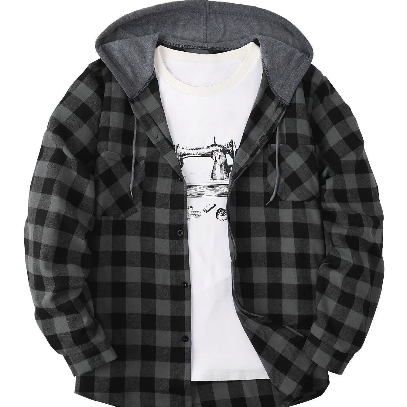 Men’s Plaid Hooded Jacket – Button-Front Checkered Fall/Winter Shirt Coat