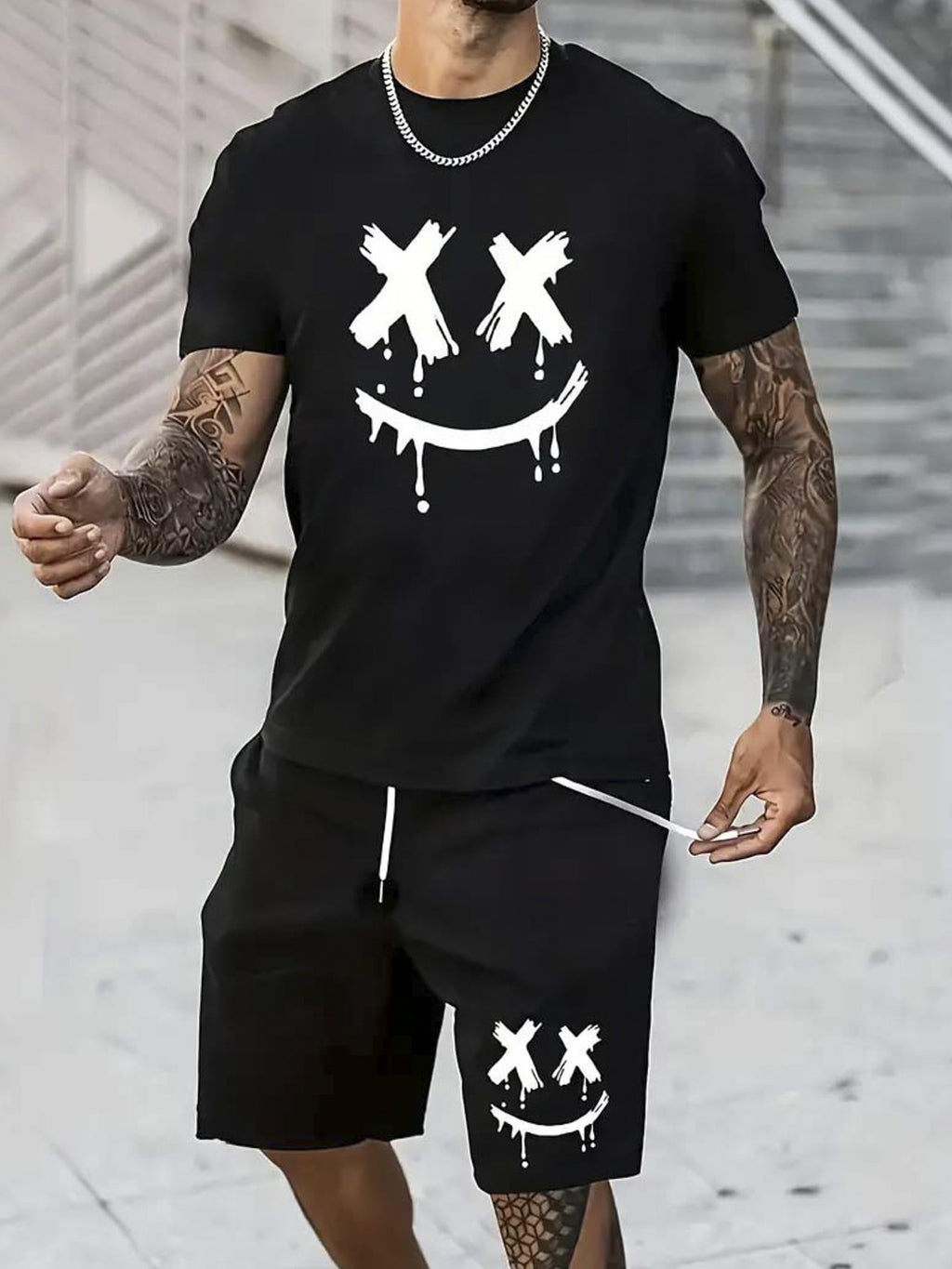 Men’s Oversized 180gsm Heavyweight Tee – Black with Joyful Face & X-Eyes Print