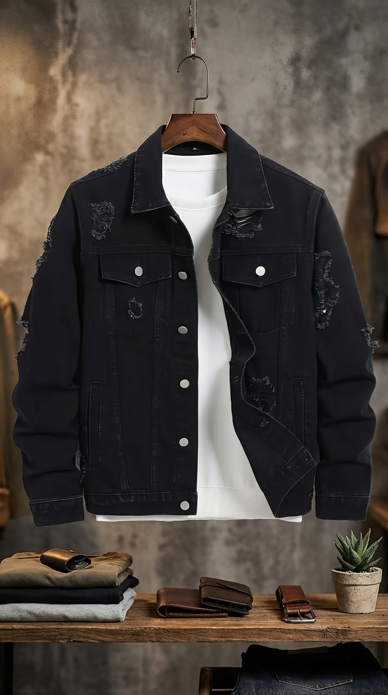 Men’s Bestseller Distressed Black Denim Jacket – Vintage Workwear Street Coat