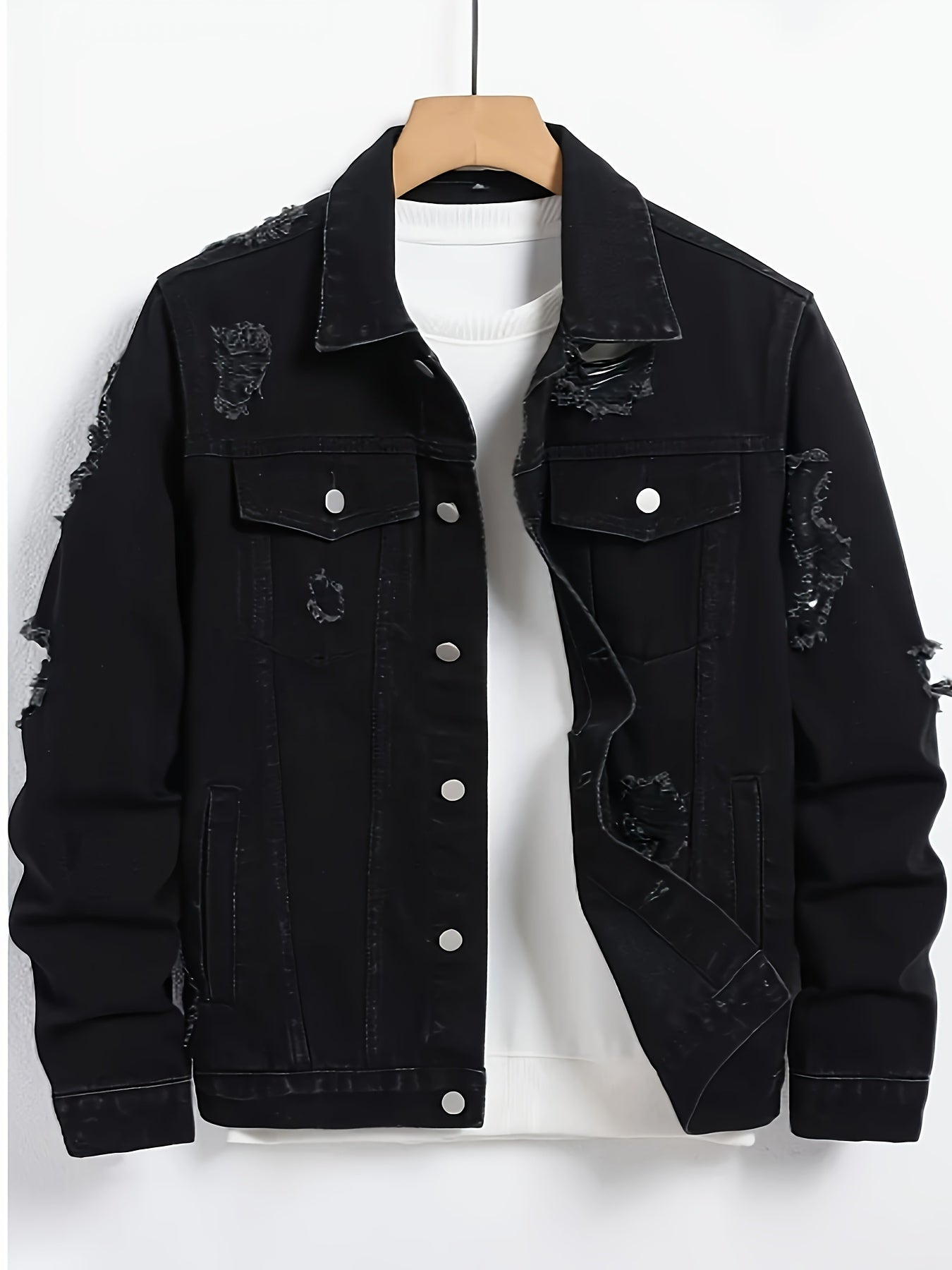 Men’s Bestseller Distressed Black Denim Jacket – Vintage Workwear Street Coat