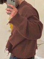 Unisex Oversized Knit Sweater – Drop Shoulder, Frayed Hem, Autumn/Winter Streetwear