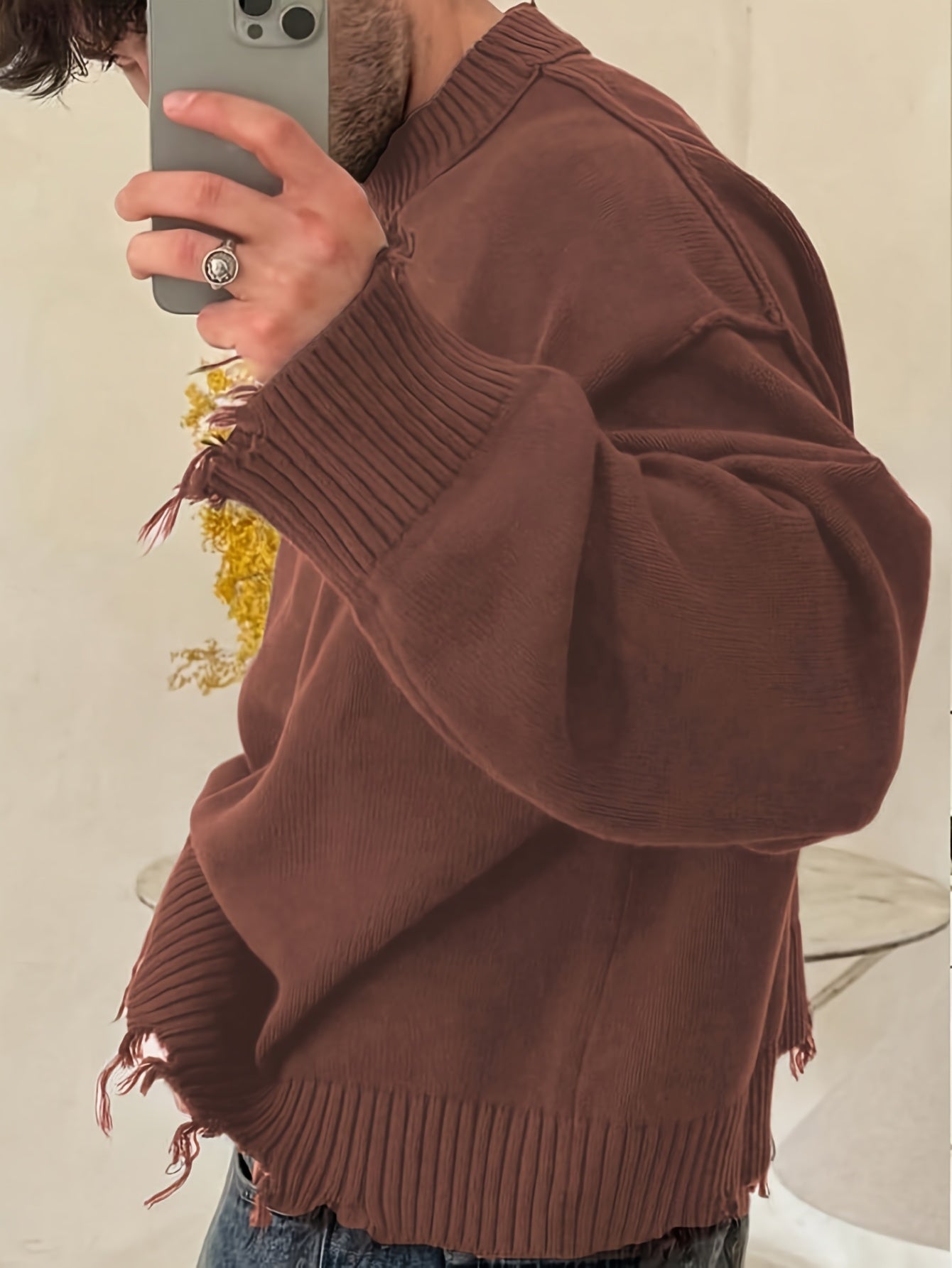 Unisex Oversized Knit Sweater – Drop Shoulder, Frayed Hem, Autumn/Winter Streetwear