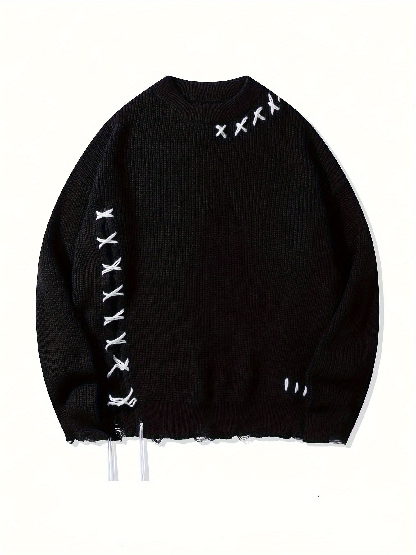 Unisex Distressed Sweater – Frayed Hem & Sleeves Loose Knit Street Pullover