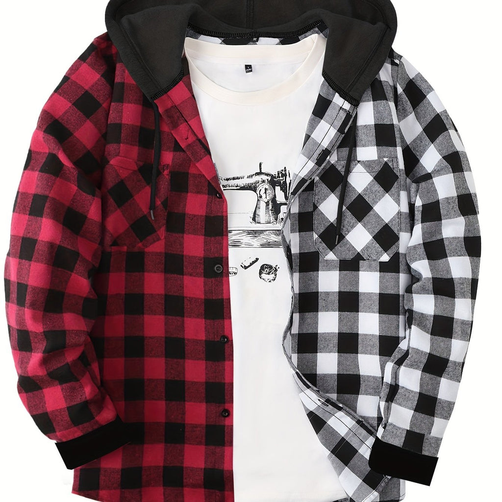 Men’s Plaid Hooded Jacket – Button-Front Checkered Fall/Winter Shirt Coat