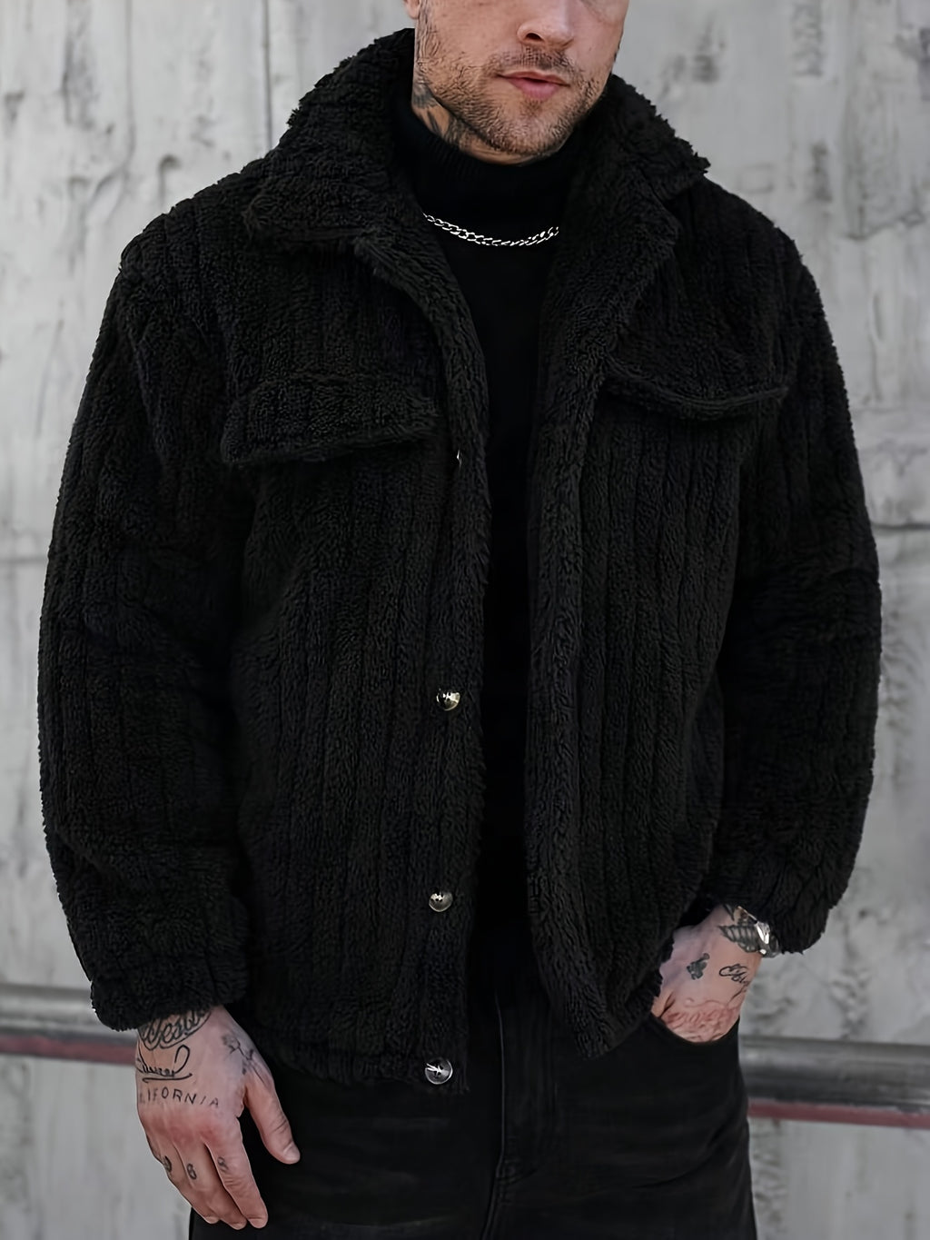 Men’s Plush Winter Coat – Grey Soft Collar Jacket with Single-Breasted Buttons