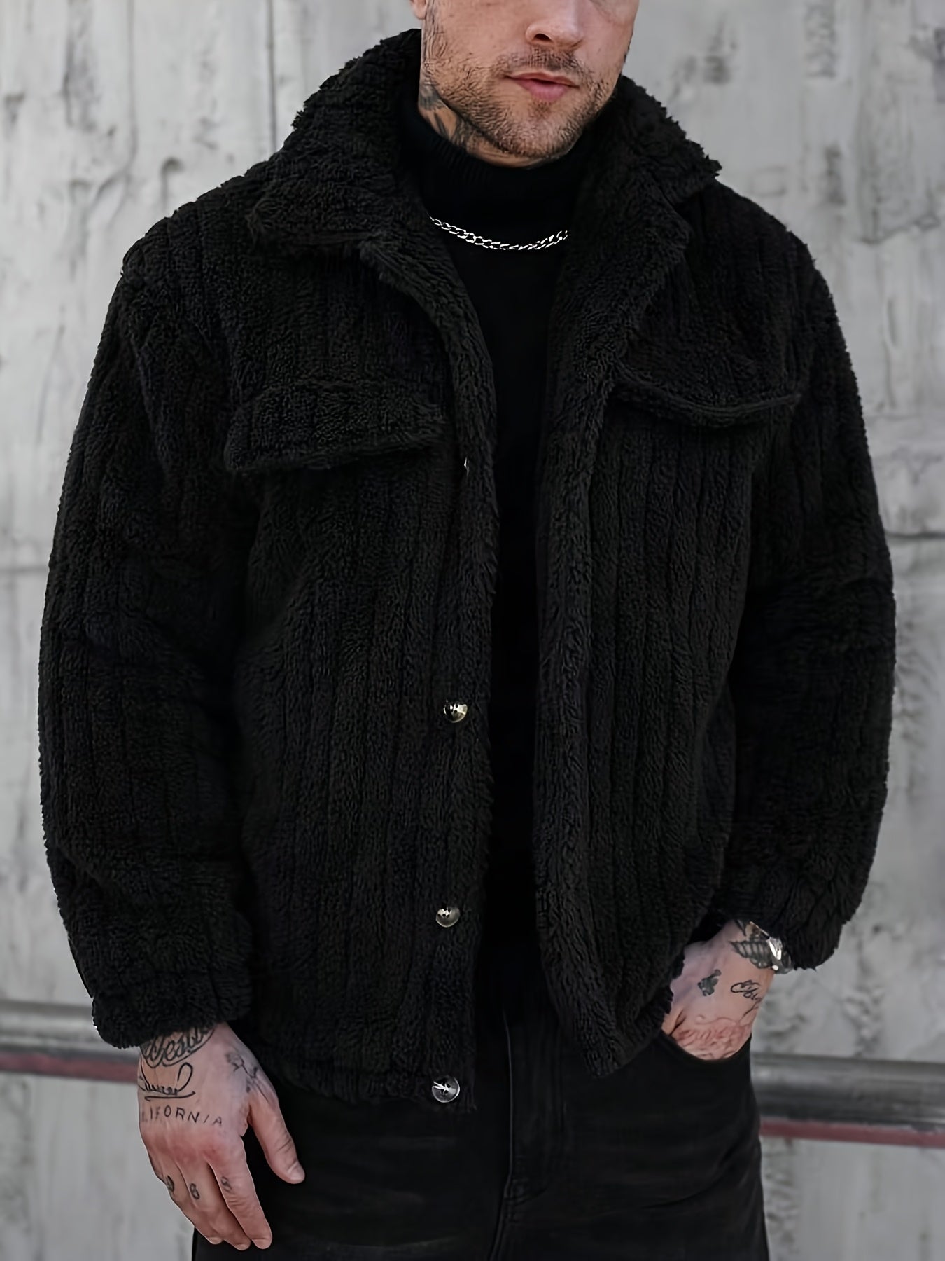 Men’s Plush Winter Coat – Grey Soft Collar Jacket with Single-Breasted Buttons