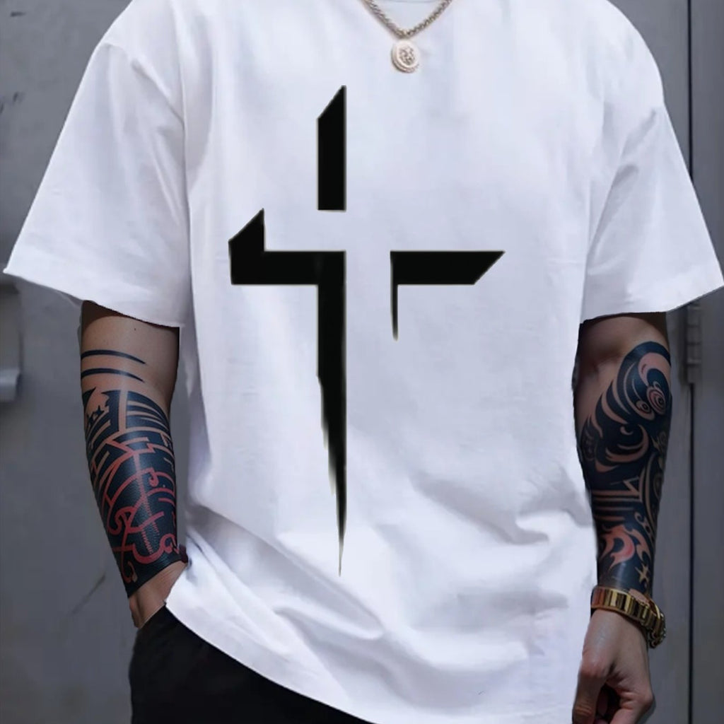 Men’s Black Heavyweight T-Shirt with White Cross Print – All-Season Cotton