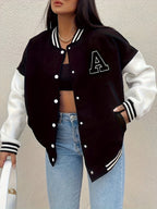 Women’s Black & Beige Letter A Baseball Jacket – Button-Up, Functional Pockets, Fall/Winter Outerwear