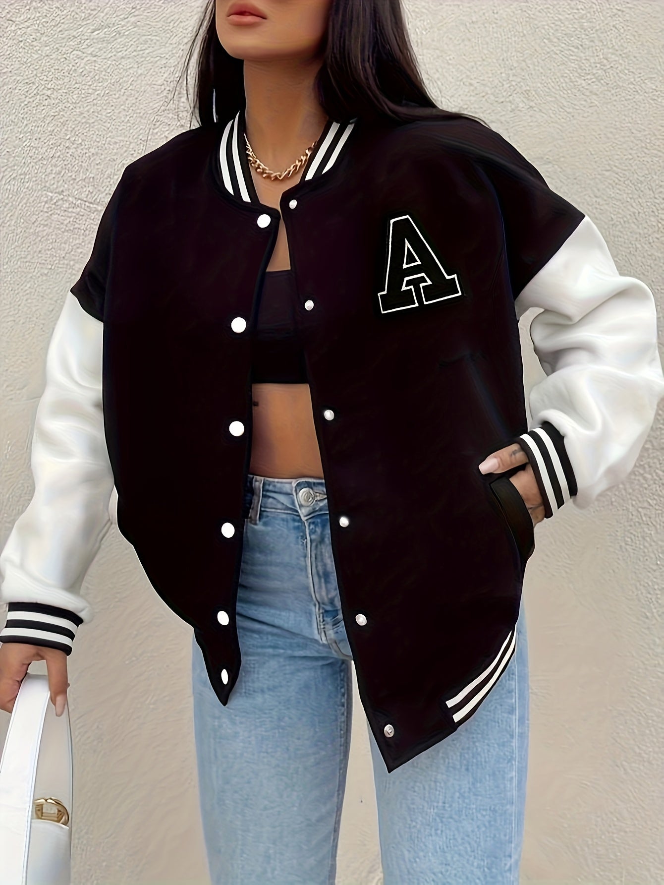 Women’s Black & Beige Letter A Baseball Jacket – Button-Up, Functional Pockets, Fall/Winter Outerwear