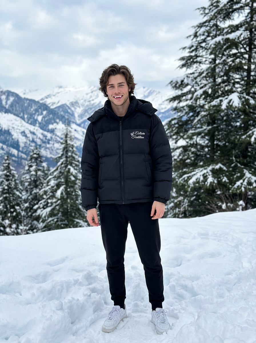 Men’s Heavyweight Black Puffer Block Winter Jacket – Hooded Full-Zip Outdoor Coat