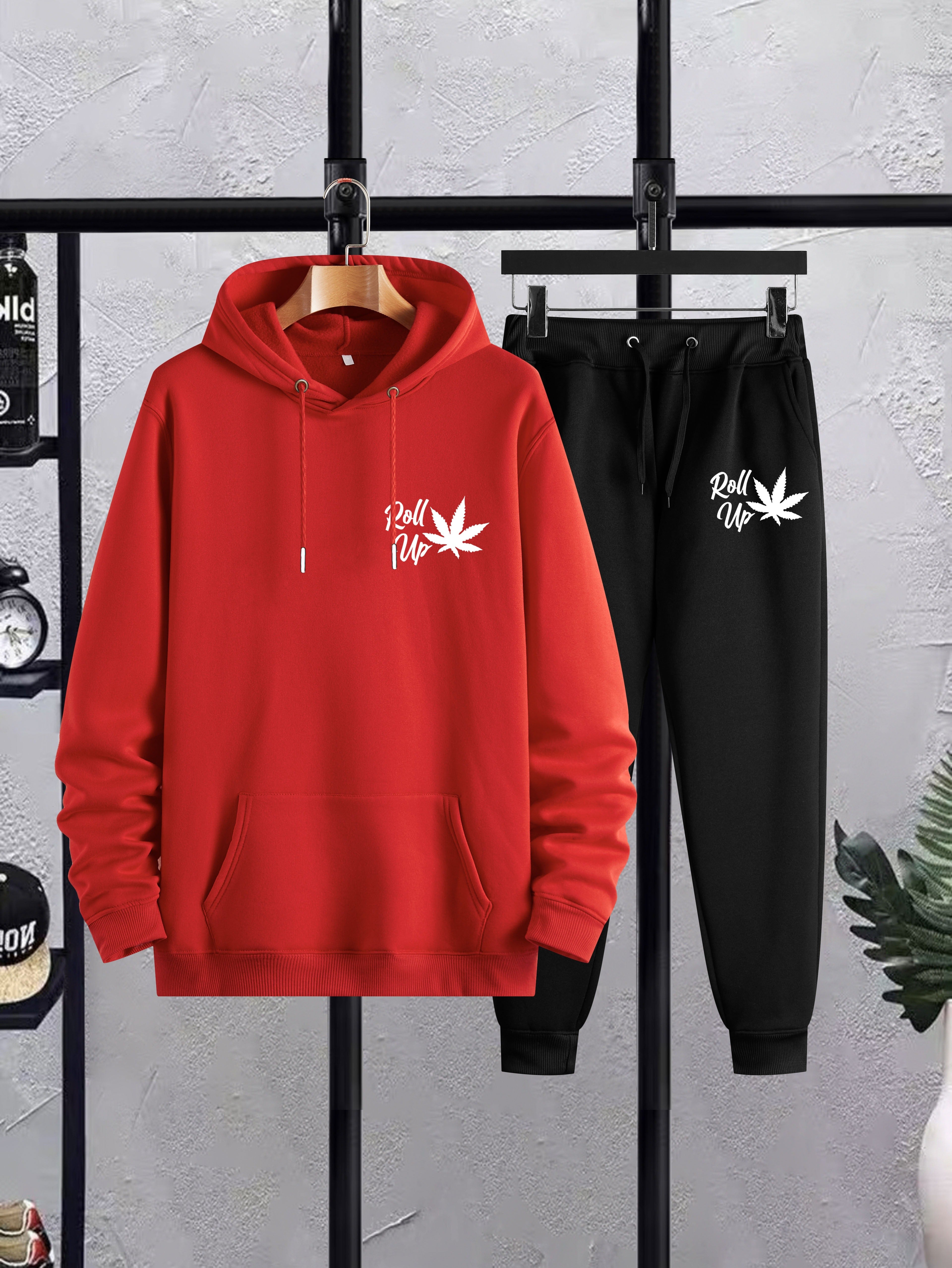 Plus Size Men’s Leaf & Roll Up Print Hoodie + Sweatpants Set