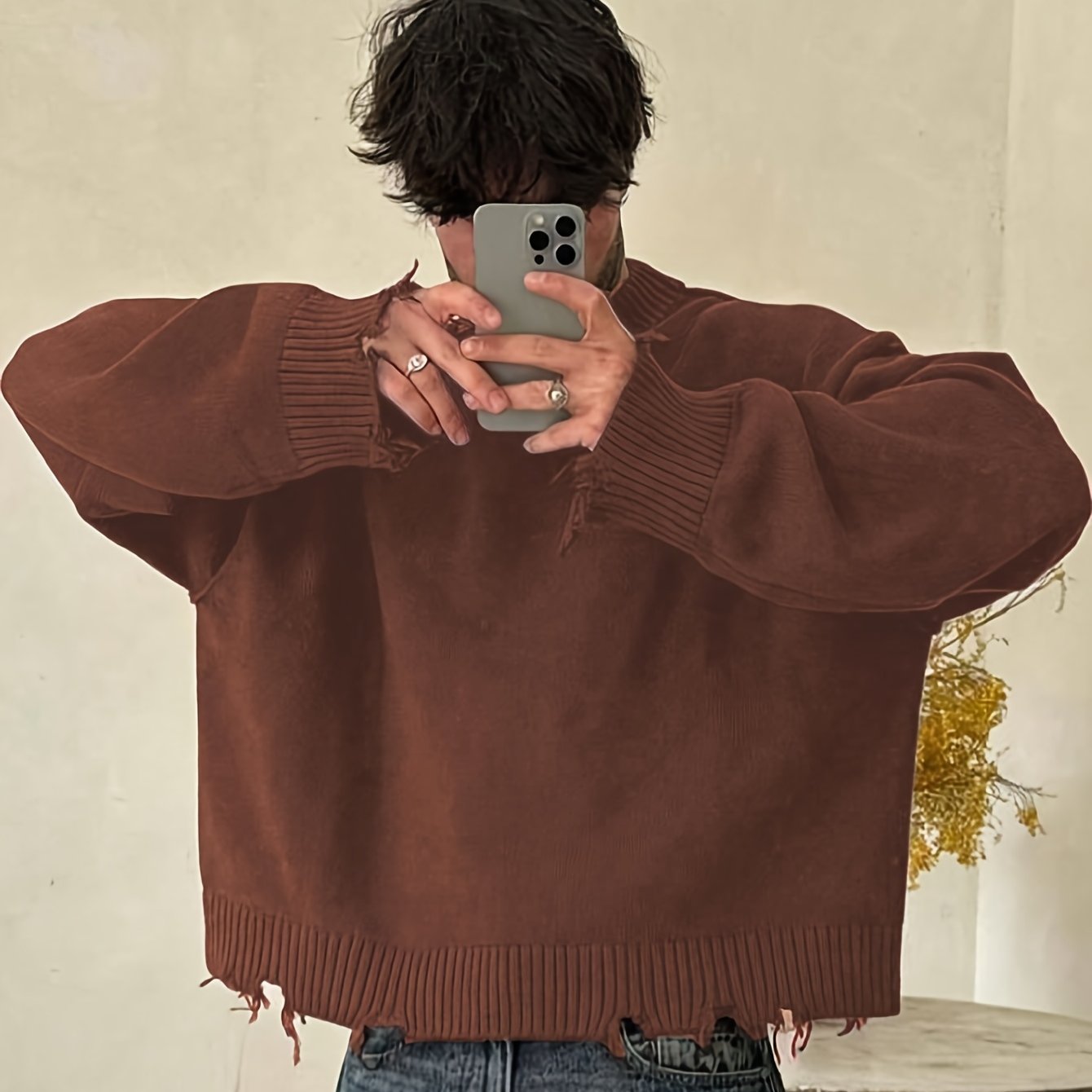 Unisex Oversized Knit Sweater – Drop Shoulder, Frayed Hem, Autumn/Winter Streetwear