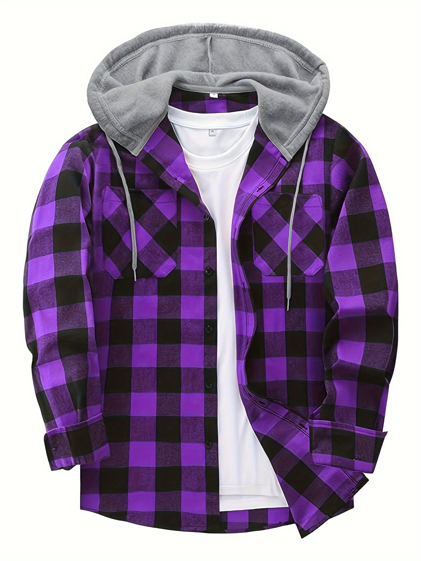 Men’s Plaid Hooded Jacket – Button-Front Checkered Fall/Winter Shirt Coat
