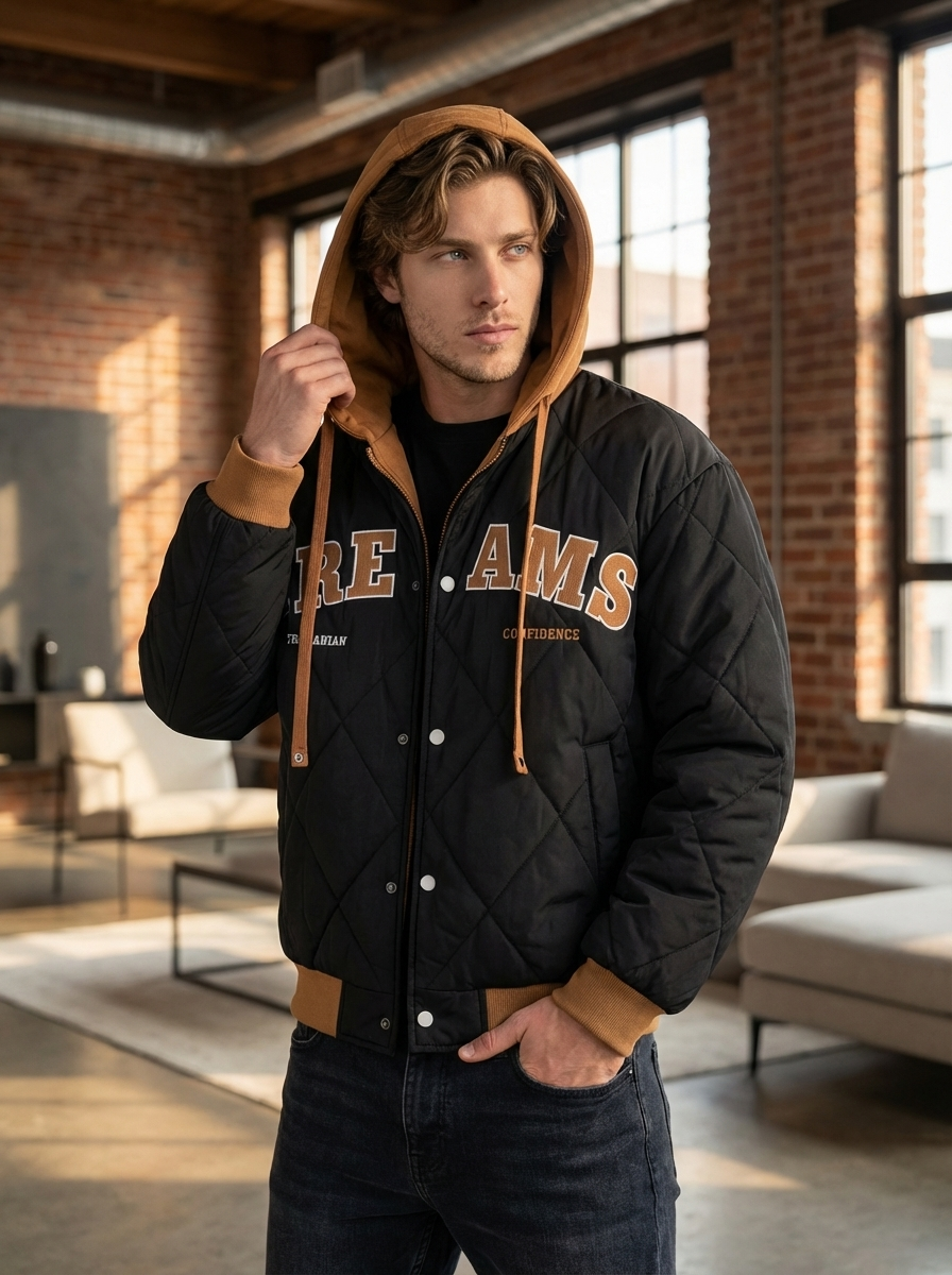 Men’s Letter Embroidery Winter Hooded Jacket – 2025 Faux Two-Piece Street Coat
