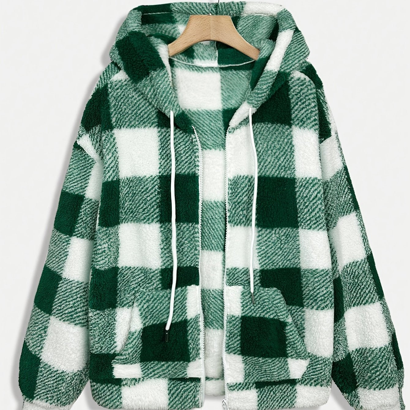 Women’s Checkered Plush Fleece Jacket – Mustard Yellow Zip-Up Winter Coat