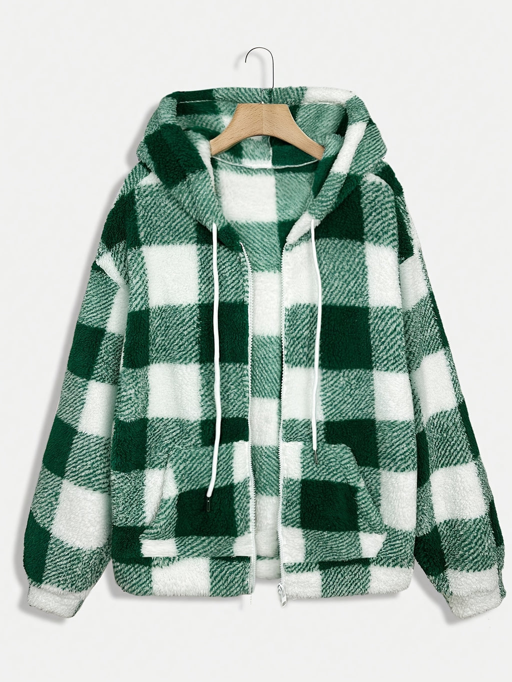 Women’s Checkered Plush Fleece Jacket – Mustard Yellow Zip-Up Winter Coat