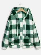 Women’s Checkered Plush Fleece Jacket – Mustard Yellow Zip-Up Winter Coat