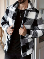 Men’s Plaid Plush Fleece Jacket – Black & White Button-Up Winter Outerwear