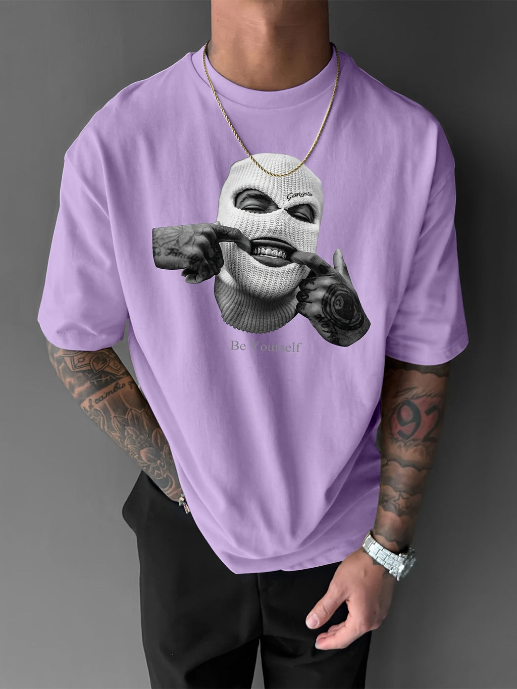 Men’s Loose Fit Graphic T-Shirt – Purple Knife & Smiling Face Print
