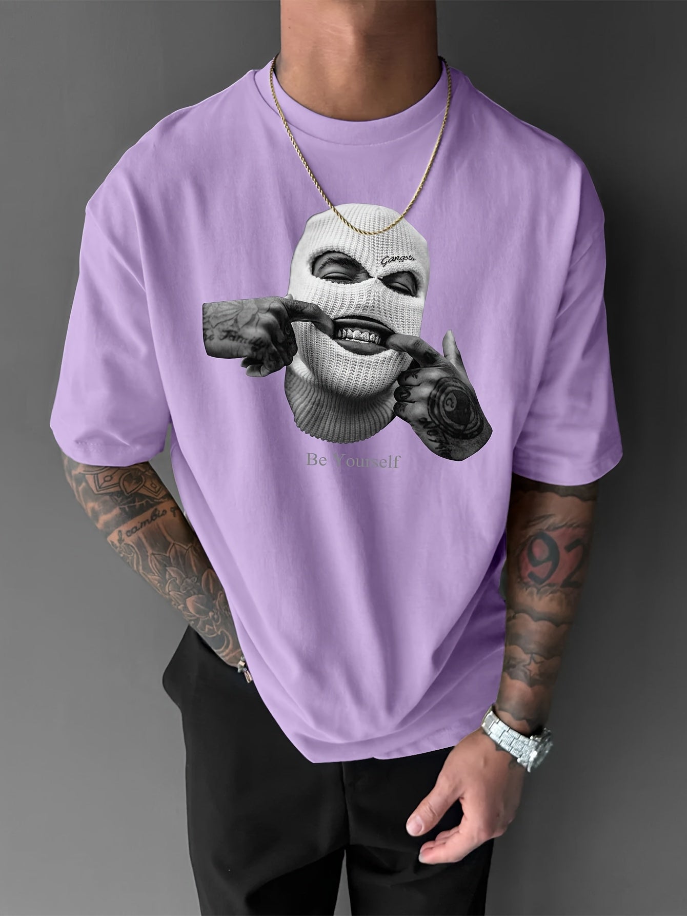 Men’s Loose Fit Graphic T-Shirt – Purple Knife & Smiling Face Print