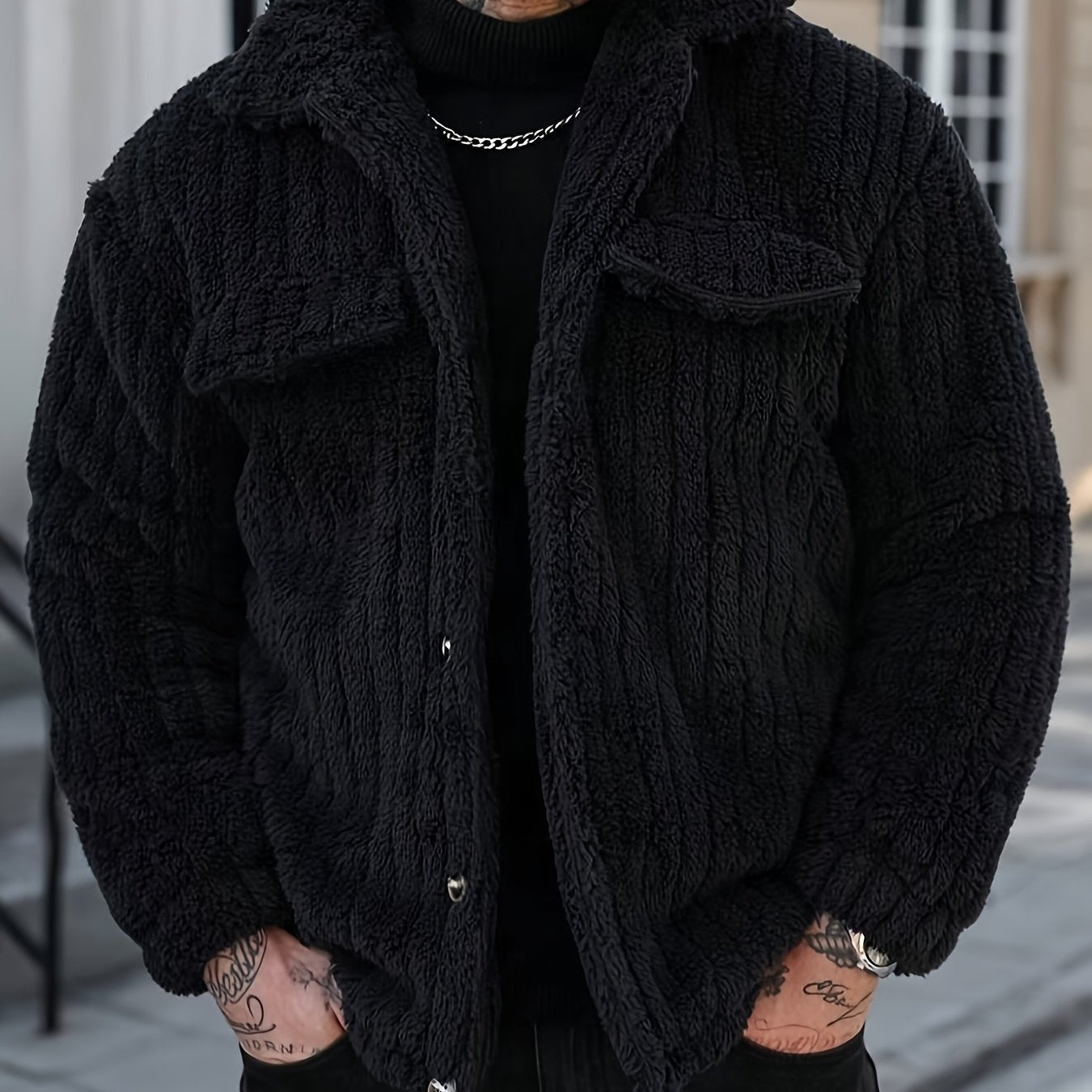 Men’s Plush Winter Coat – Grey Soft Collar Jacket with Single-Breasted Buttons