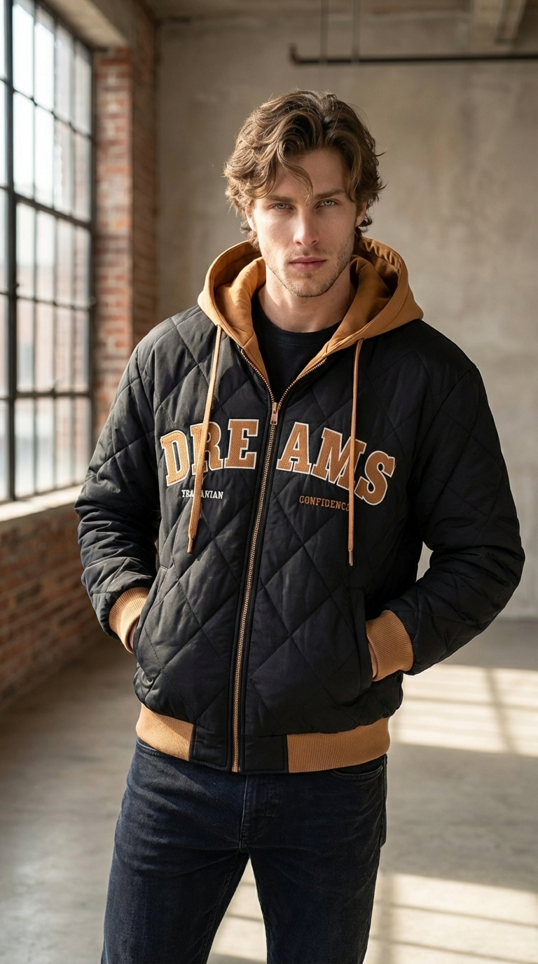Men’s Letter Embroidery Winter Hooded Jacket – 2025 Faux Two-Piece Street Coat