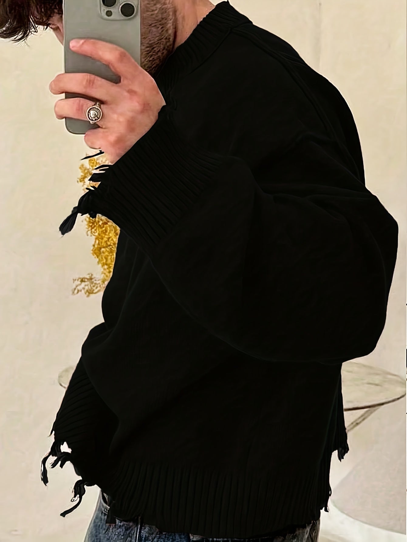 Men’s Black Distressed Fringe Sweater – Oversized Streetwear Long Sleeve Pullover