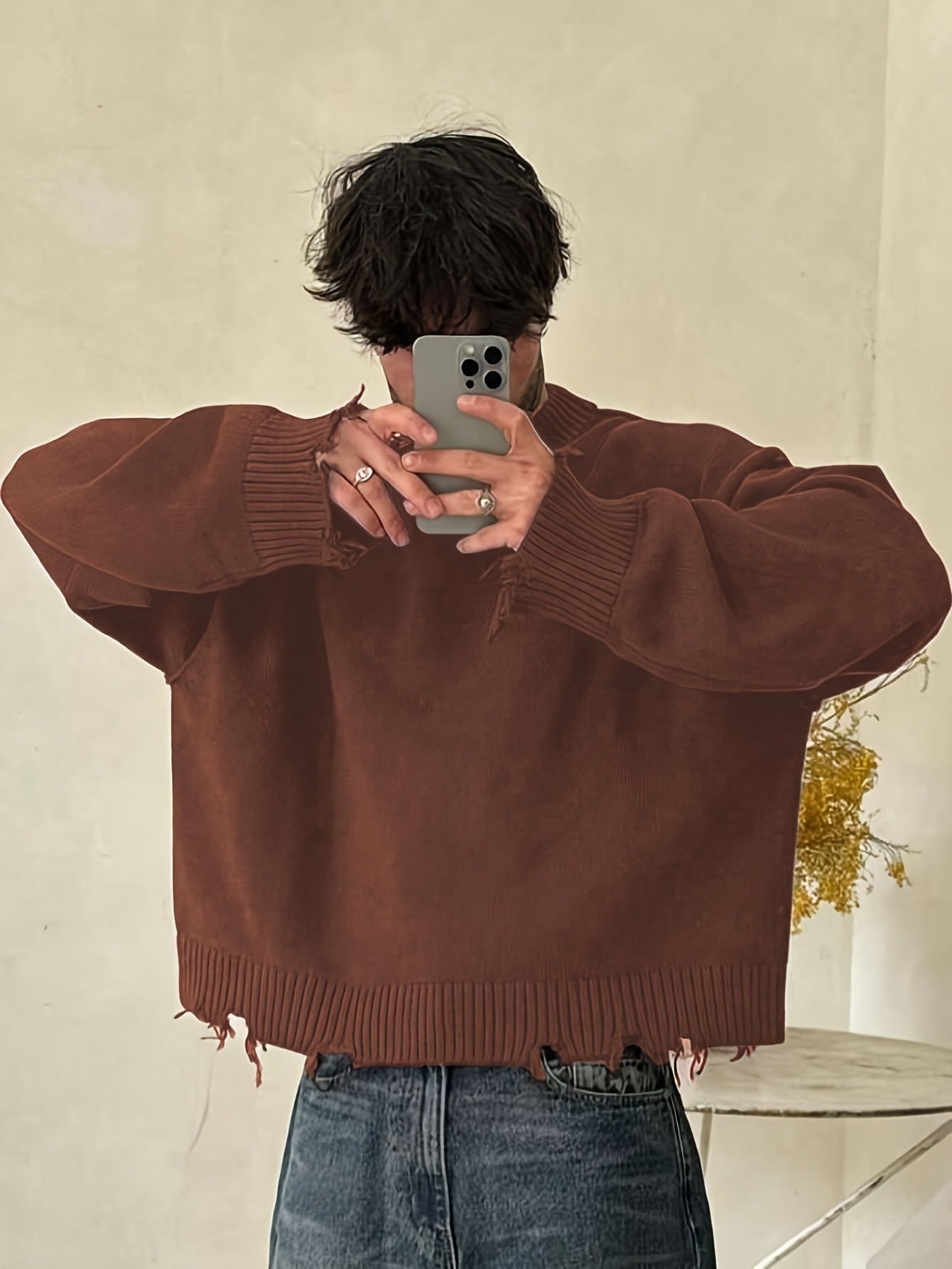 Unisex Oversized Knit Sweater – Drop Shoulder, Frayed Hem, Autumn/Winter Streetwear