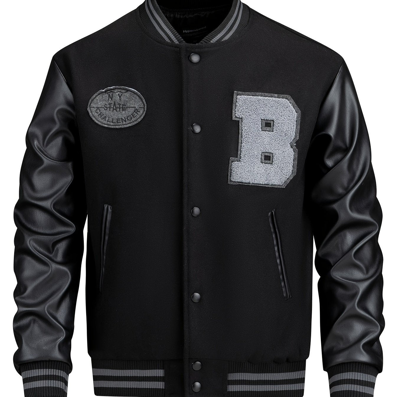 Men’s Black Baseball Jacket with Letter B – Vintage Varsity Outerwear, Polyester Lining