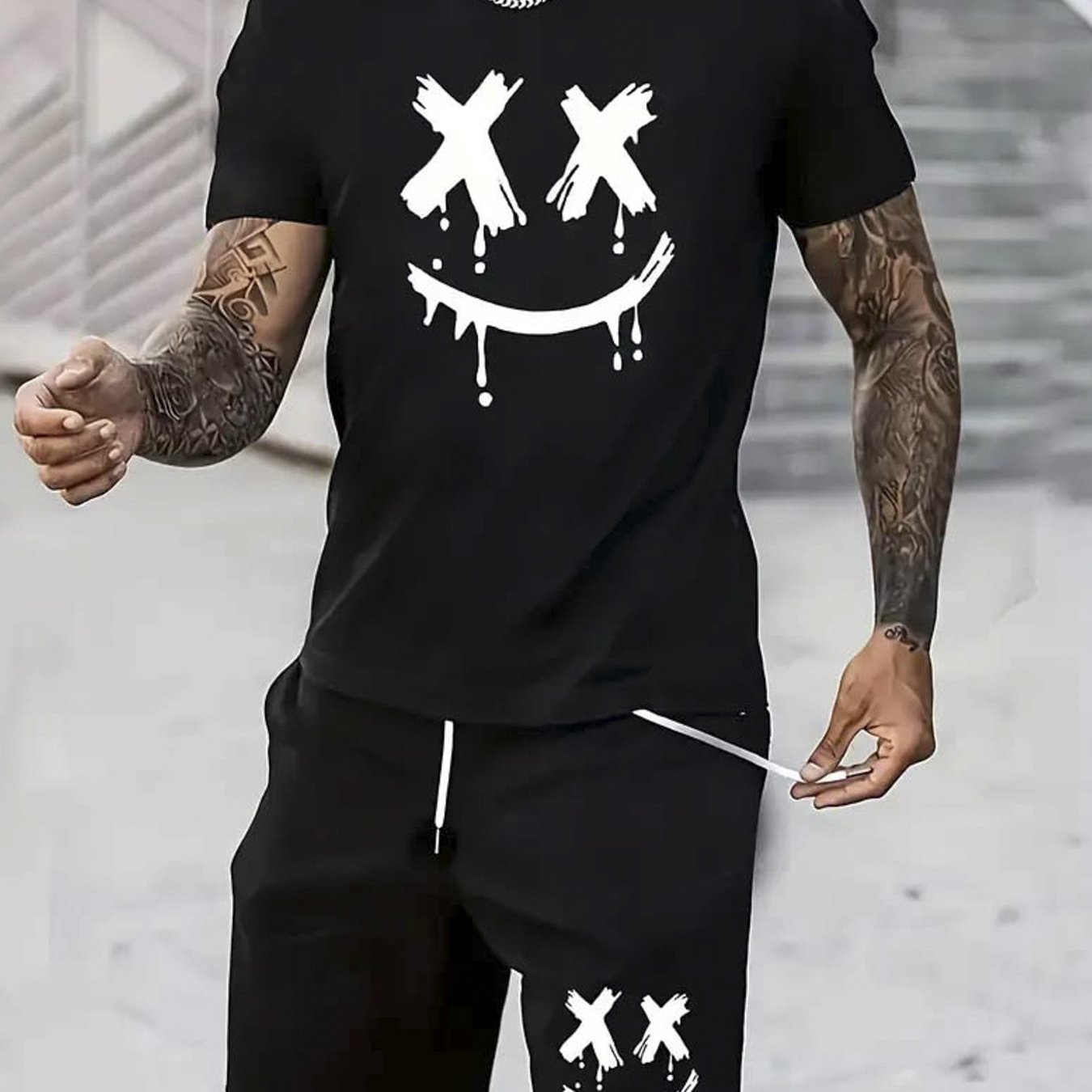 Men’s Oversized 180gsm Heavyweight Tee – Black with Joyful Face & X-Eyes Print