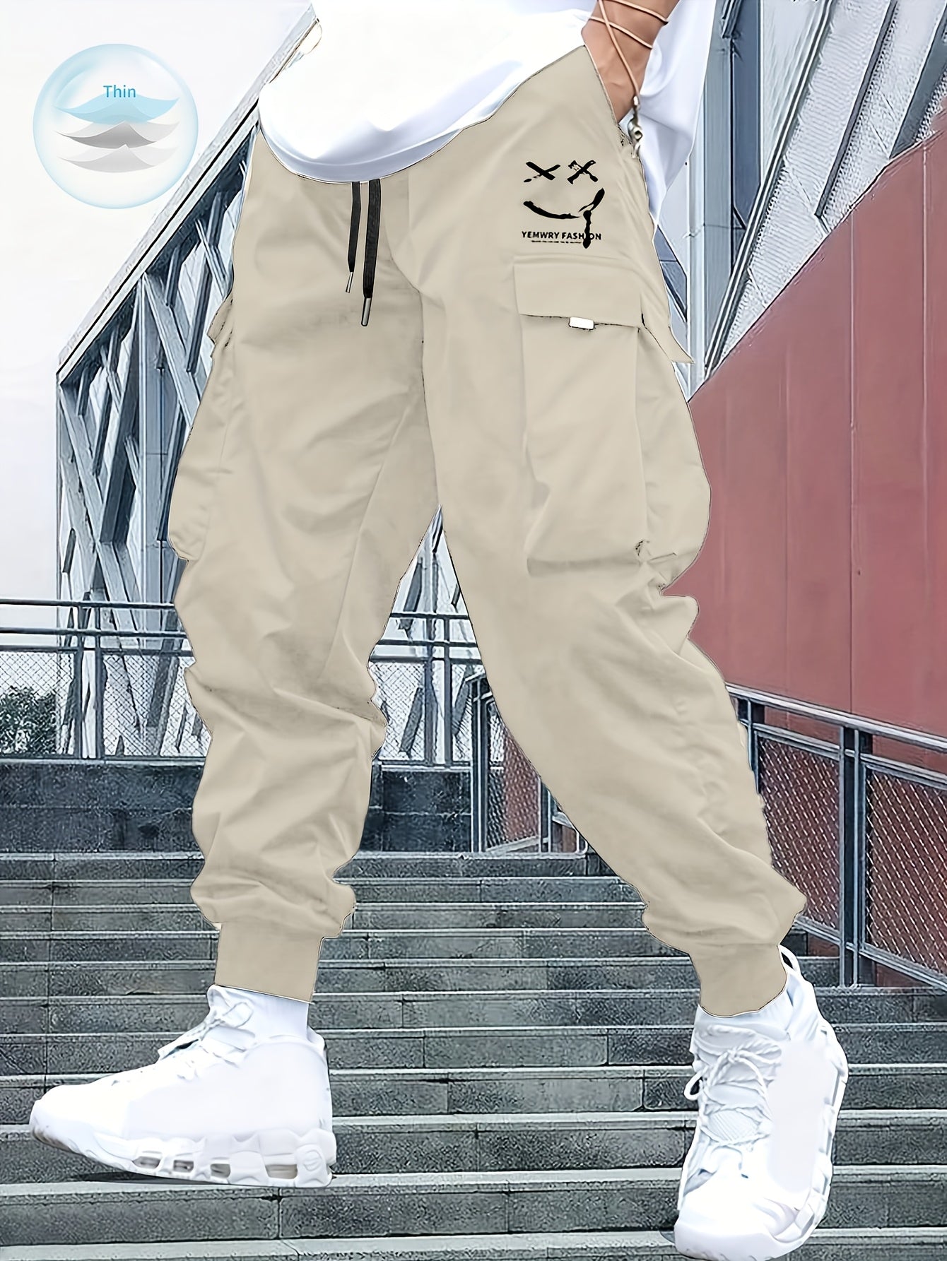 Men’s Street Style Oversized Footed Cargo Pants – Drawstring Waist, Spring/Fall Comfort
