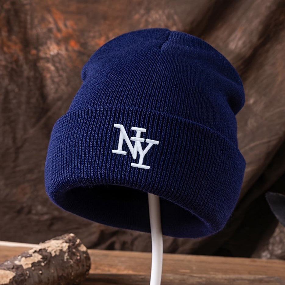NY Embroidered Black Beanie – Unisex Streetwear Knit Hat for Fall/Winter