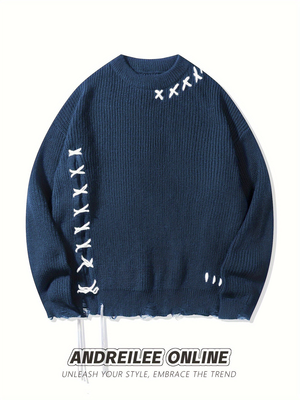 Unisex Distressed Sweater – Frayed Hem & Sleeves Loose Knit Street Pullover