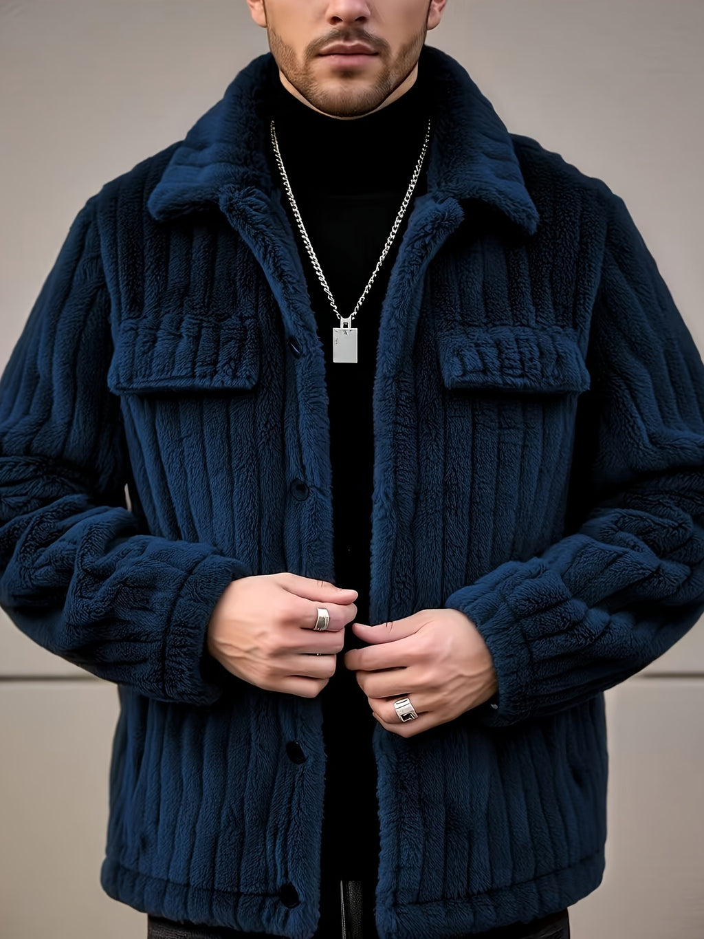 Men’s Plush Winter Coat – Grey Soft Collar Jacket with Single-Breasted Buttons