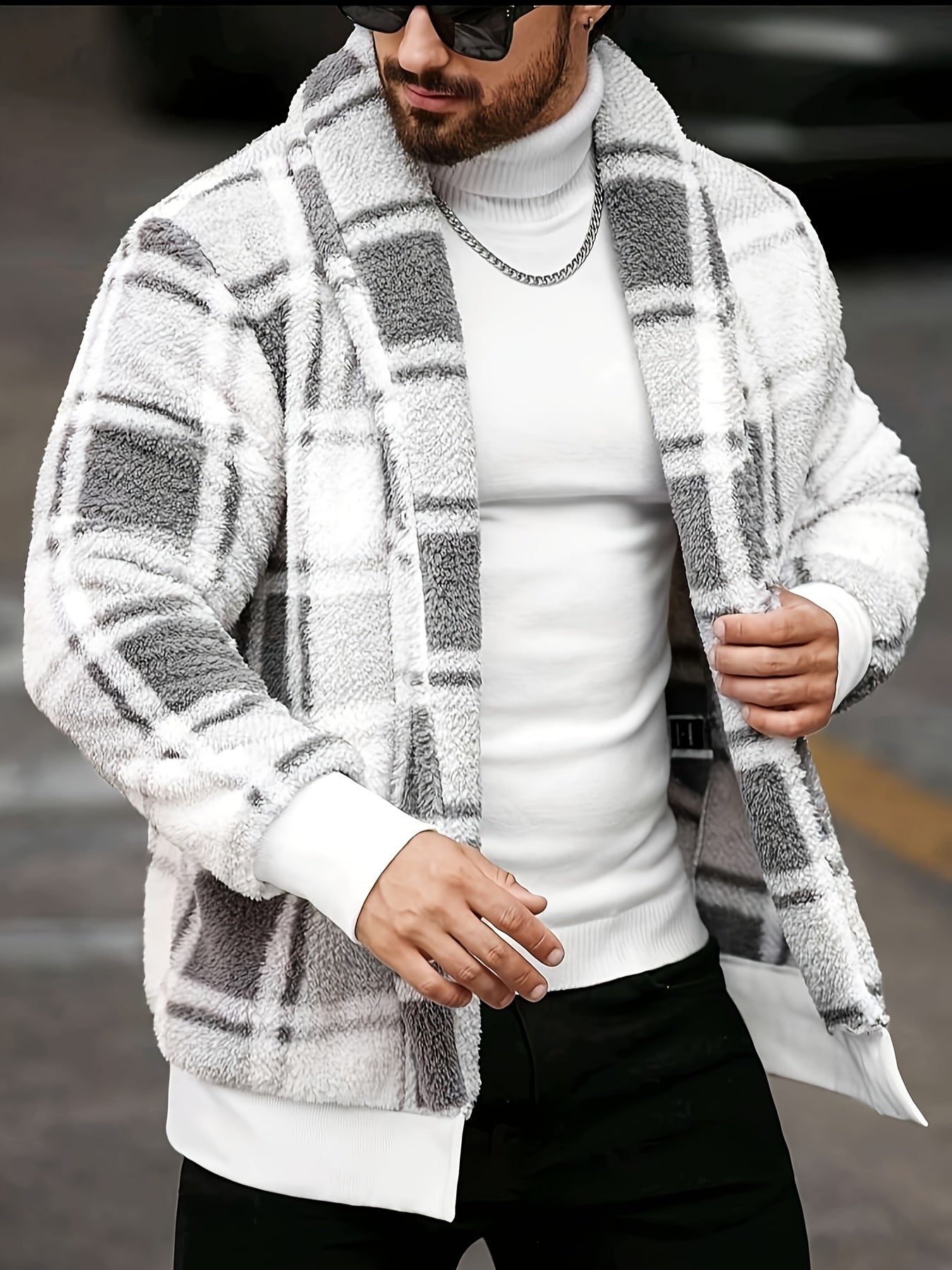 Men’s Plush Checkered Jacket – Black & Yellow Soft Thermal Fall/Winter Coat