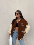Women’s Black & Beige Letter A Baseball Jacket – Button-Up, Functional Pockets, Fall/Winter Outerwear