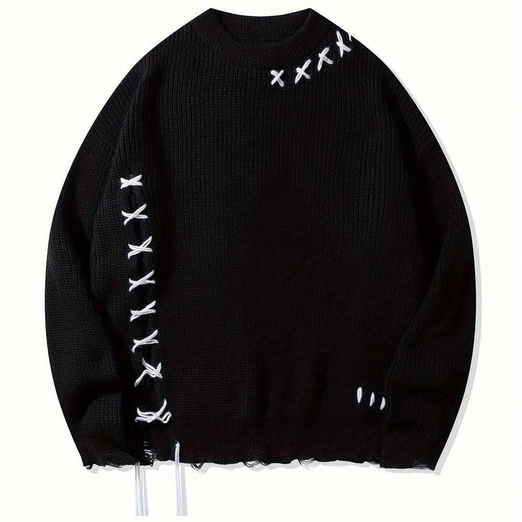 Unisex Distressed Sweater – Frayed Hem & Sleeves Loose Knit Street Pullover