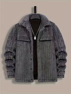 Men’s Plush Winter Coat – Grey Soft Collar Jacket with Single-Breasted Buttons