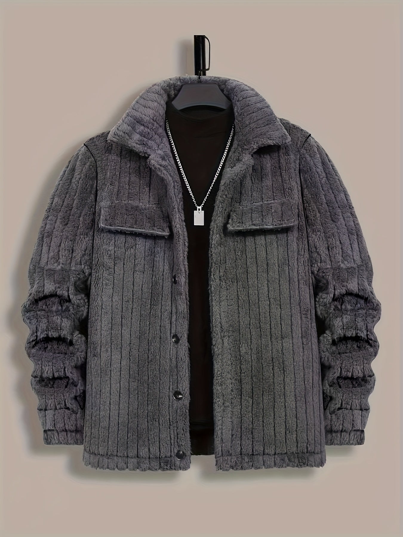 Men’s Plush Winter Coat – Grey Soft Collar Jacket with Single-Breasted Buttons