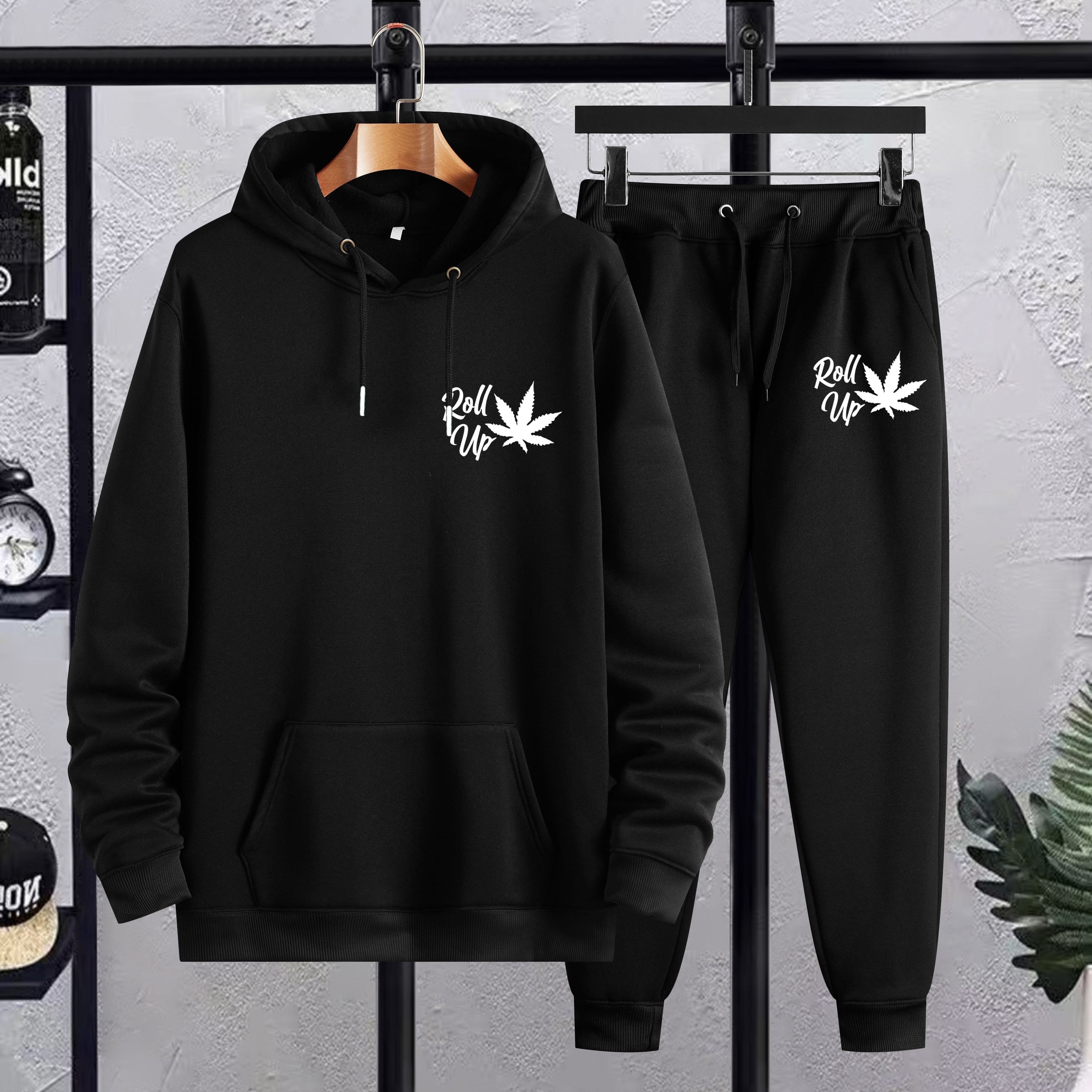 Plus Size Men’s Leaf & Roll Up Print Hoodie + Sweatpants Set