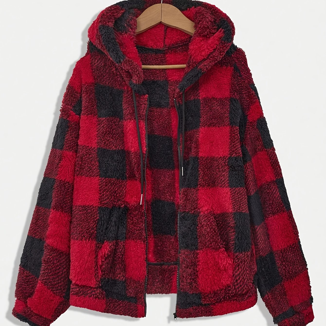 Women’s Checkered Plush Fleece Jacket – Mustard Yellow Zip-Up Winter Coat