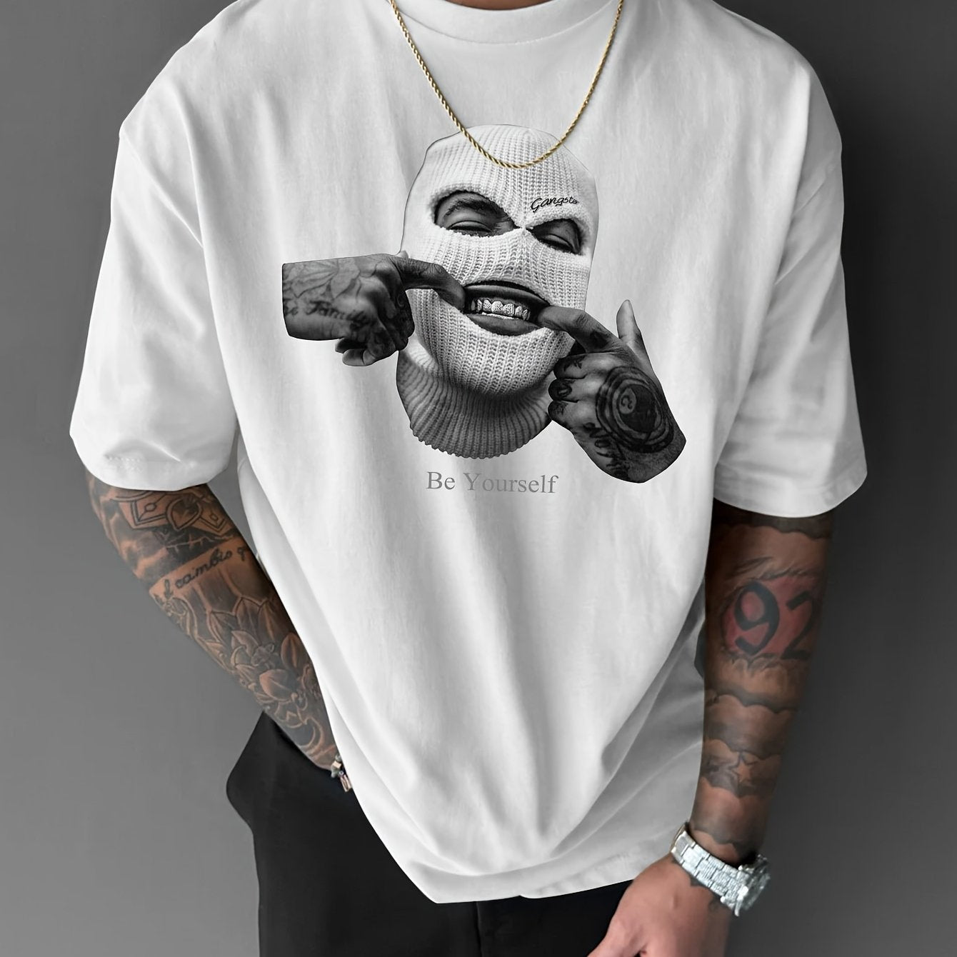 Men’s Loose Fit Graphic T-Shirt – Purple Knife & Smiling Face Print