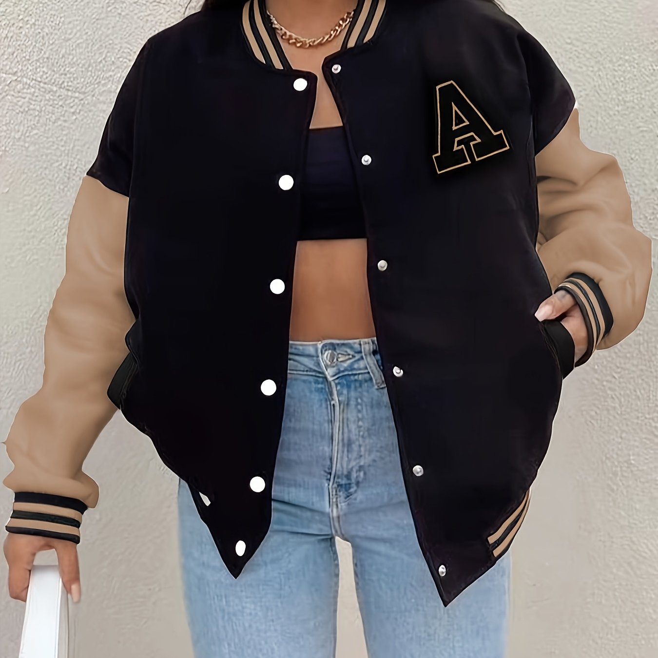 Women’s Black & Beige Letter A Baseball Jacket – Button-Up, Functional Pockets, Fall/Winter Outerwear